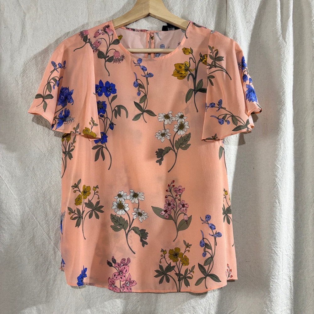 J.Crew Womens Peach Pink Floral 100% Silk Flutter Sleeve Blouse Top Small